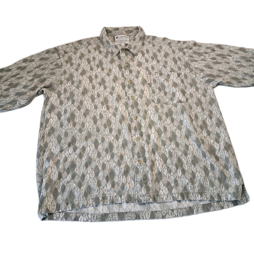 Columbia Button Up Short Sleeve Shirt Mens Large Flax Linen All Over Leaf Print
